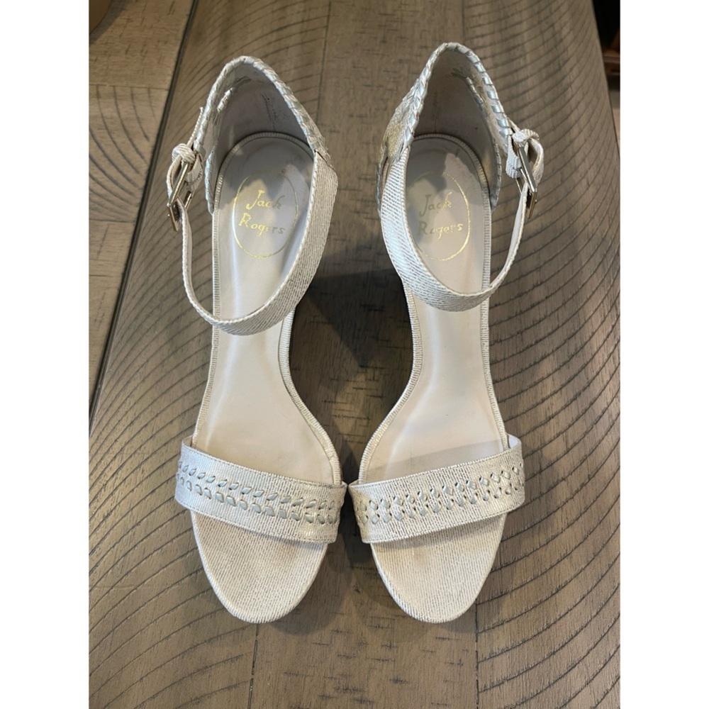 Jack Rogers Cream and Silver Open Toe Wooden Wedges with Ankle Strap - Picture 5 of 10